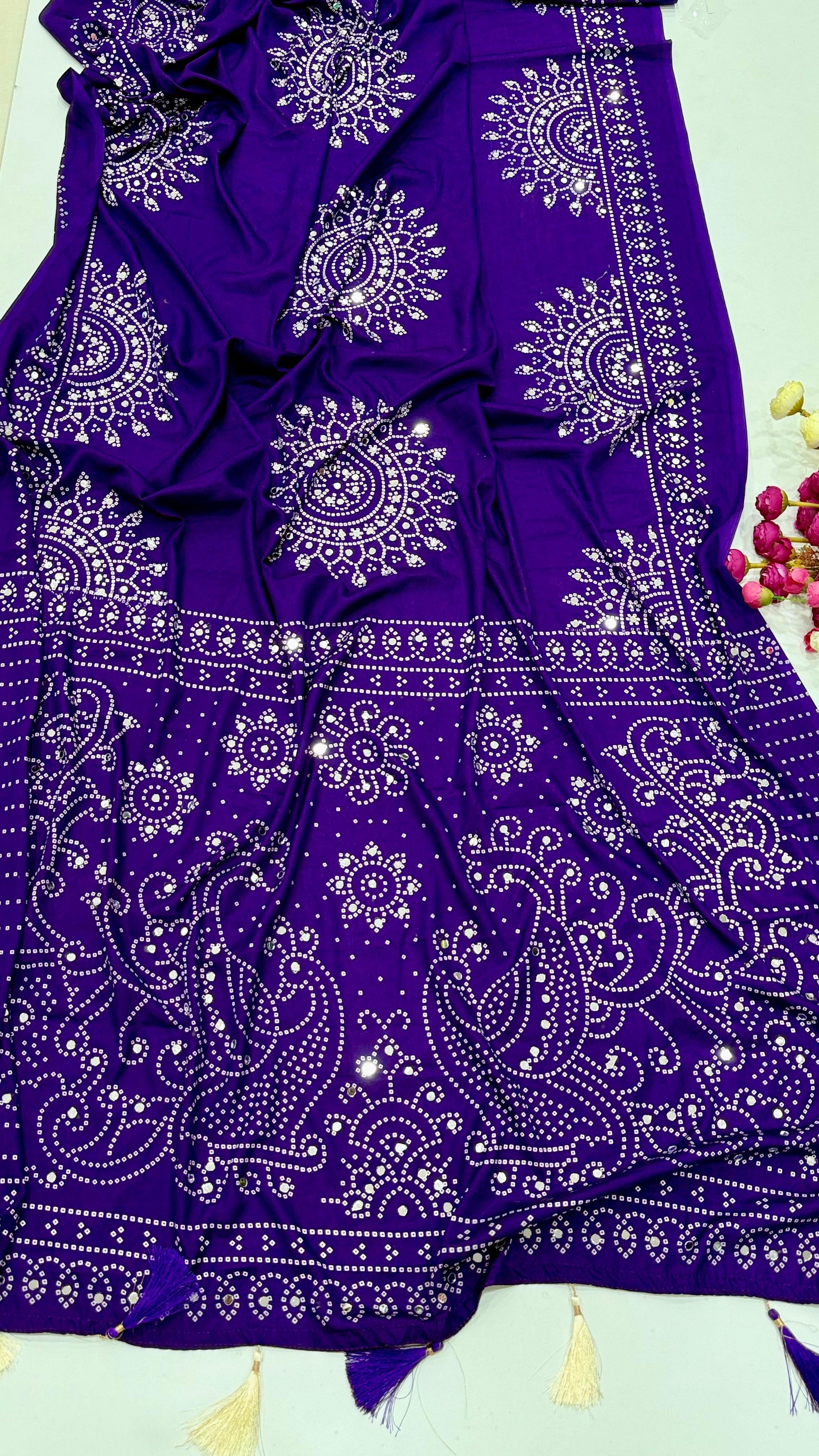VIOLET AJRAKH BANDHANI PRINT MIRROR WORK SAREE