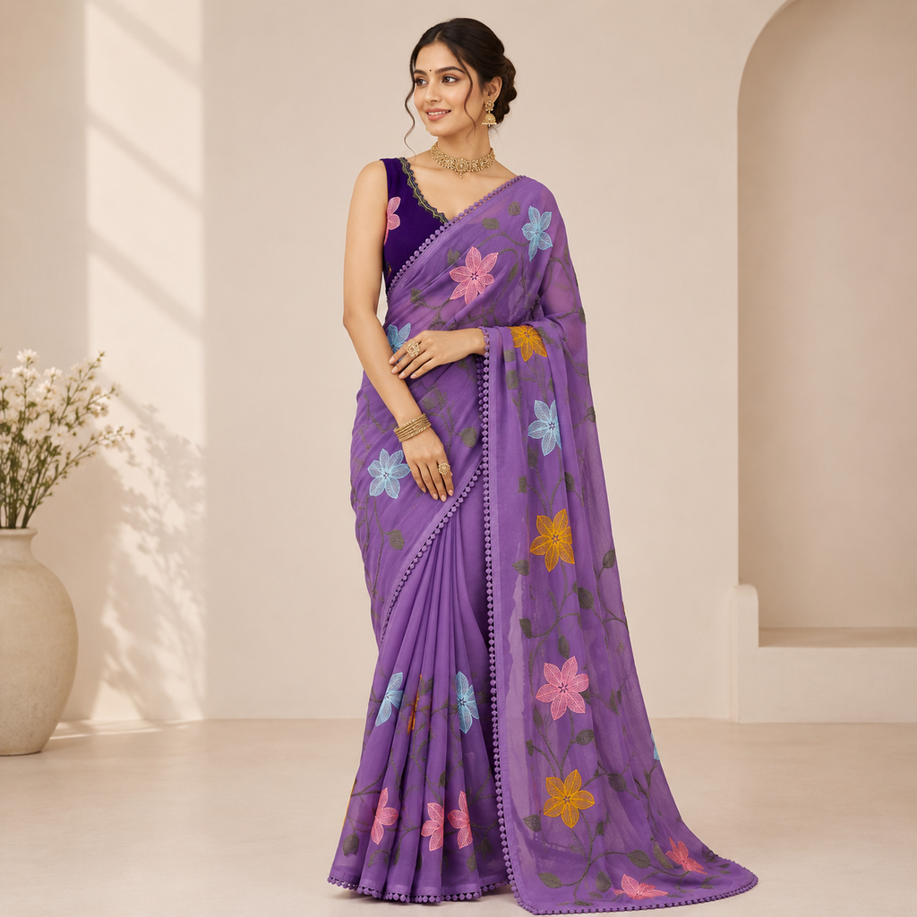 LAVENDER STAR GORGETTE SAREE WITH EMBROIDERY WORK