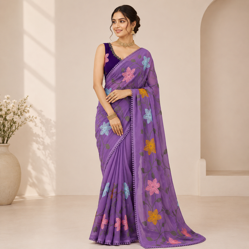 LAVENDER STAR GORGETTE SAREE WITH EMBROIDERY WORK