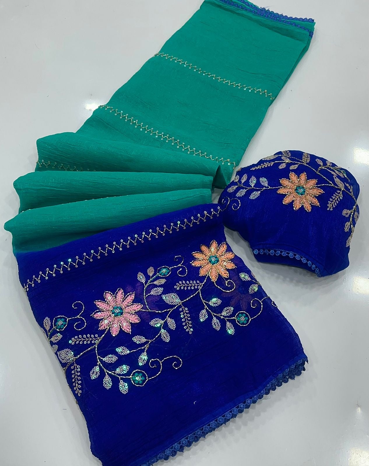 GREEN AND BLUE CRUNCHY PADDING SAREE WITH EMBROIDERY & SEQUENCE CUTDANA WORK