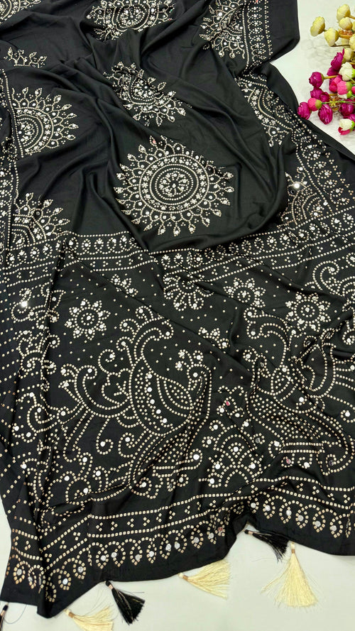 BLACK AJRAKH BANDHANI PRINT MIRROR WORK SAREE