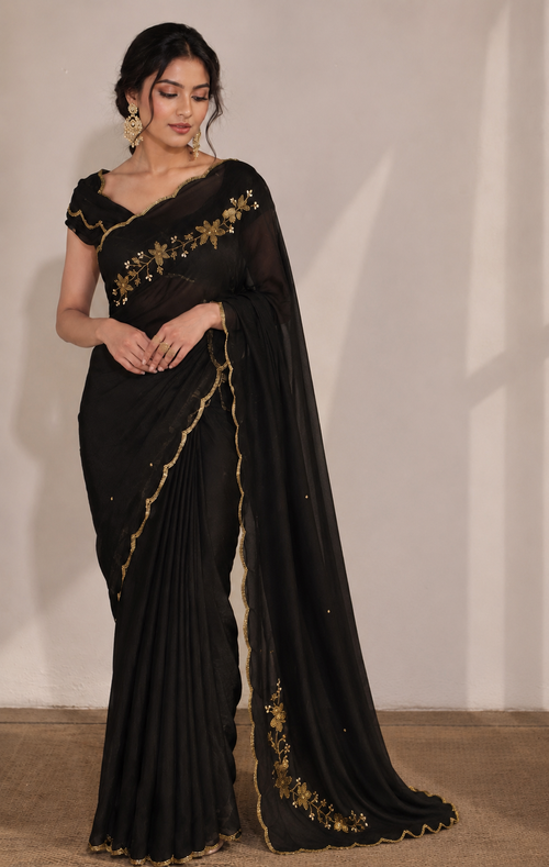 BLACK RANGOLI CRUSHED SAREE WITH CUTDANA WORK