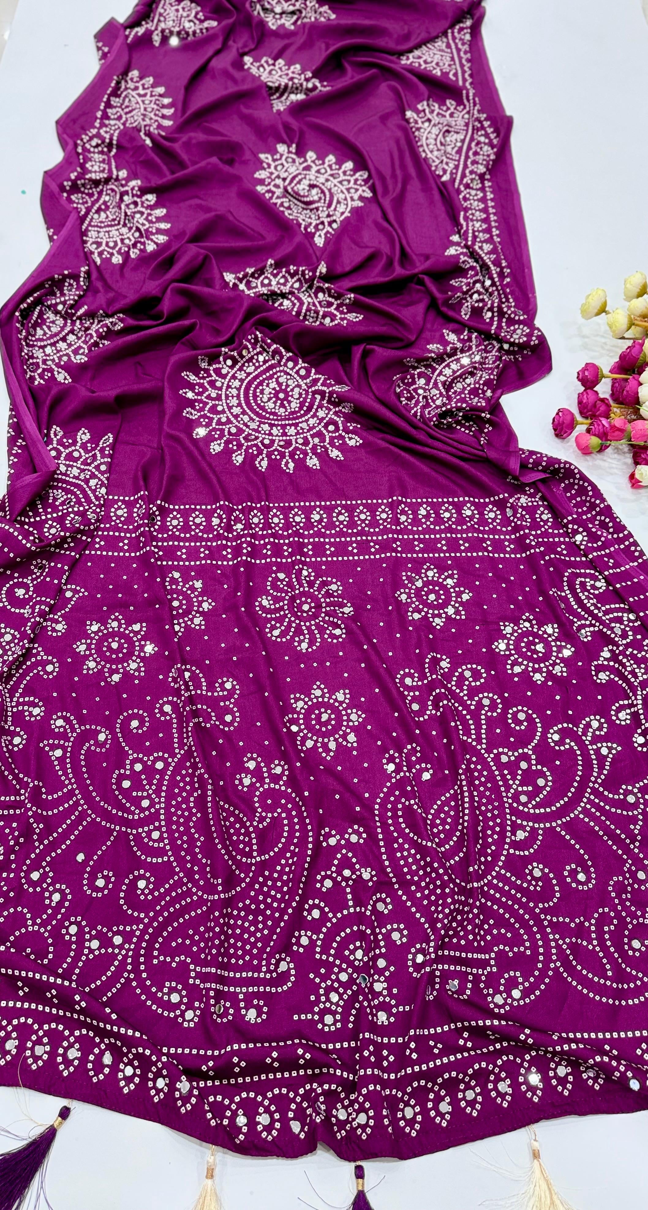 PURPLE AJRAKH BANDHANI PRINT MIRROR WORK SAREE