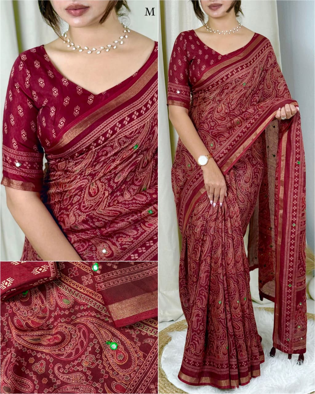 MARRON PURE MUL COTTON ARJRAKH PRINTED SAREE WITH ZARI JACQUARD BORDER