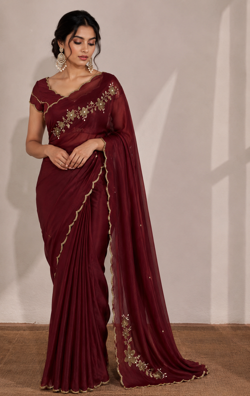 MAROON RANGOLI CRUSHED SAREE WITH CUTDANA WORK