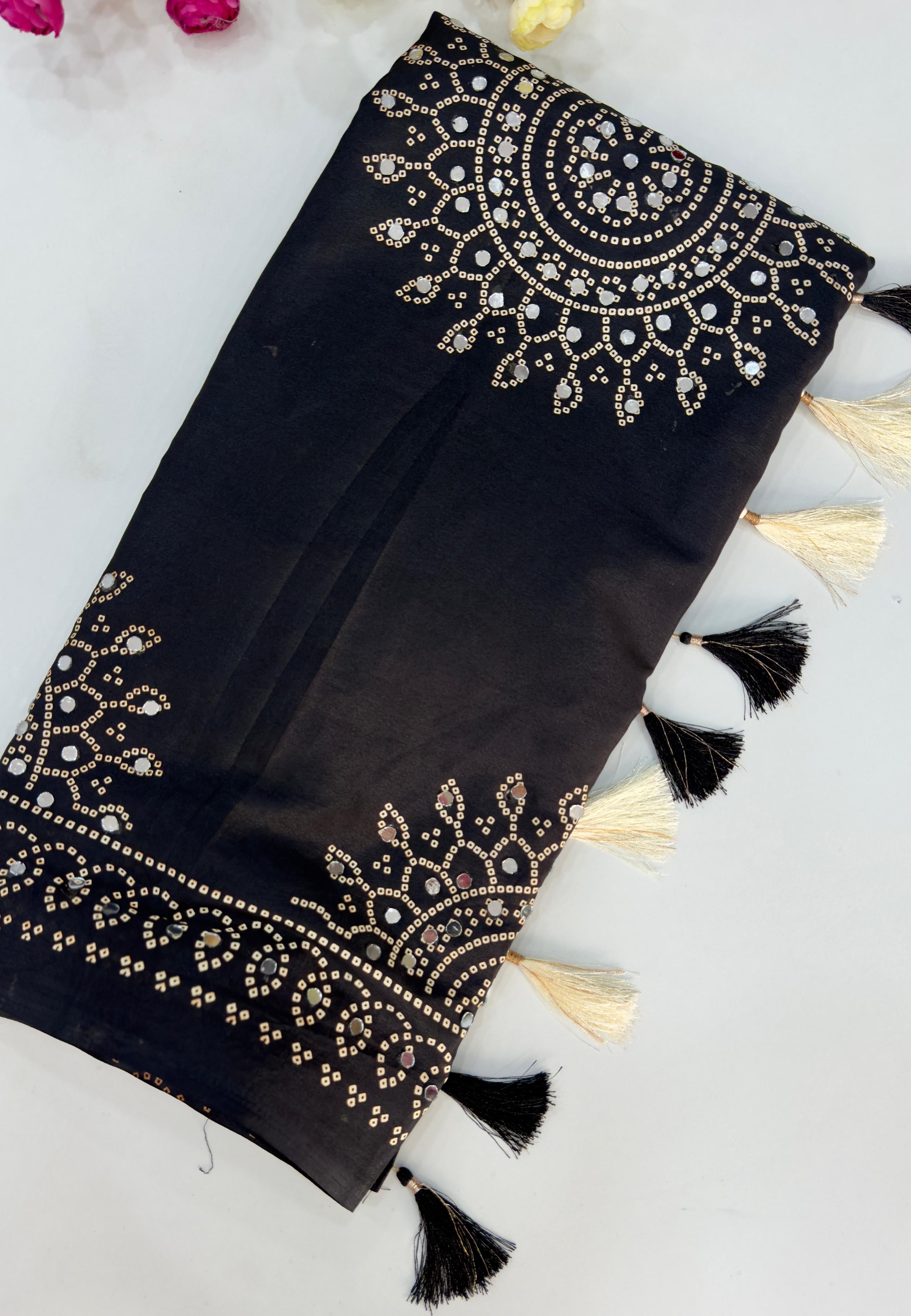 BLACK AJRAKH BANDHANI SILK SAREE WITH MIRROR WORK ALL OVER SAREE