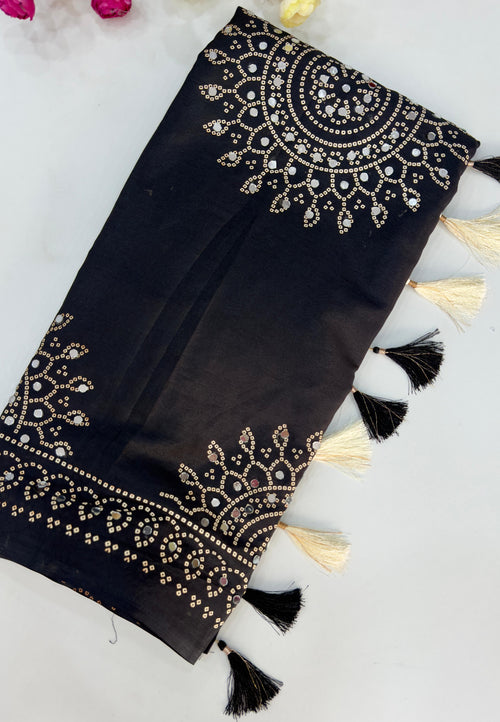 BLACK AJRAKH BANDHANI SILK SAREE WITH MIRROR WORK ALL OVER SAREE
