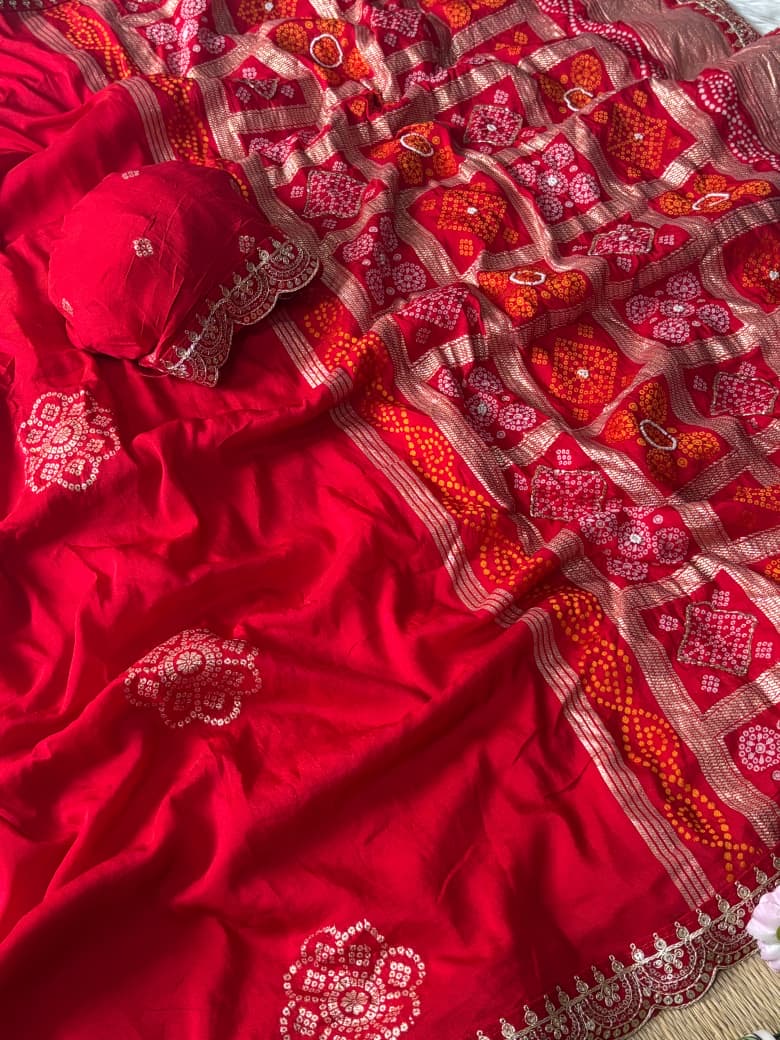 RED SOFT VISCOSE GEORGETTE SAREE WITH PATOLA PALLU WITH CUTDANA HANDWORK AND EMBROIDERY LACE BORDER
