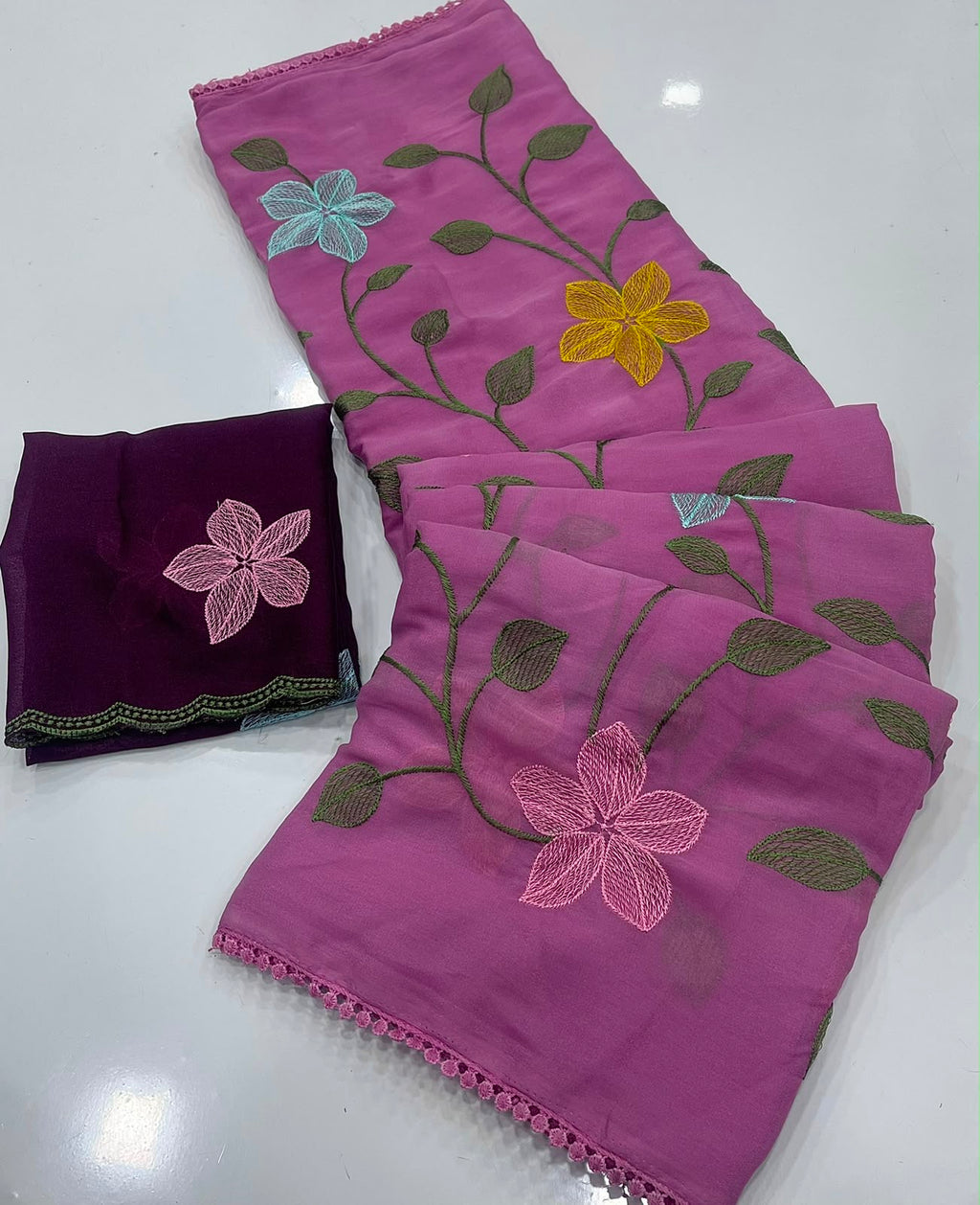 PINK STAR GORGETTE SAREE WITH EMBROIDERY WORK