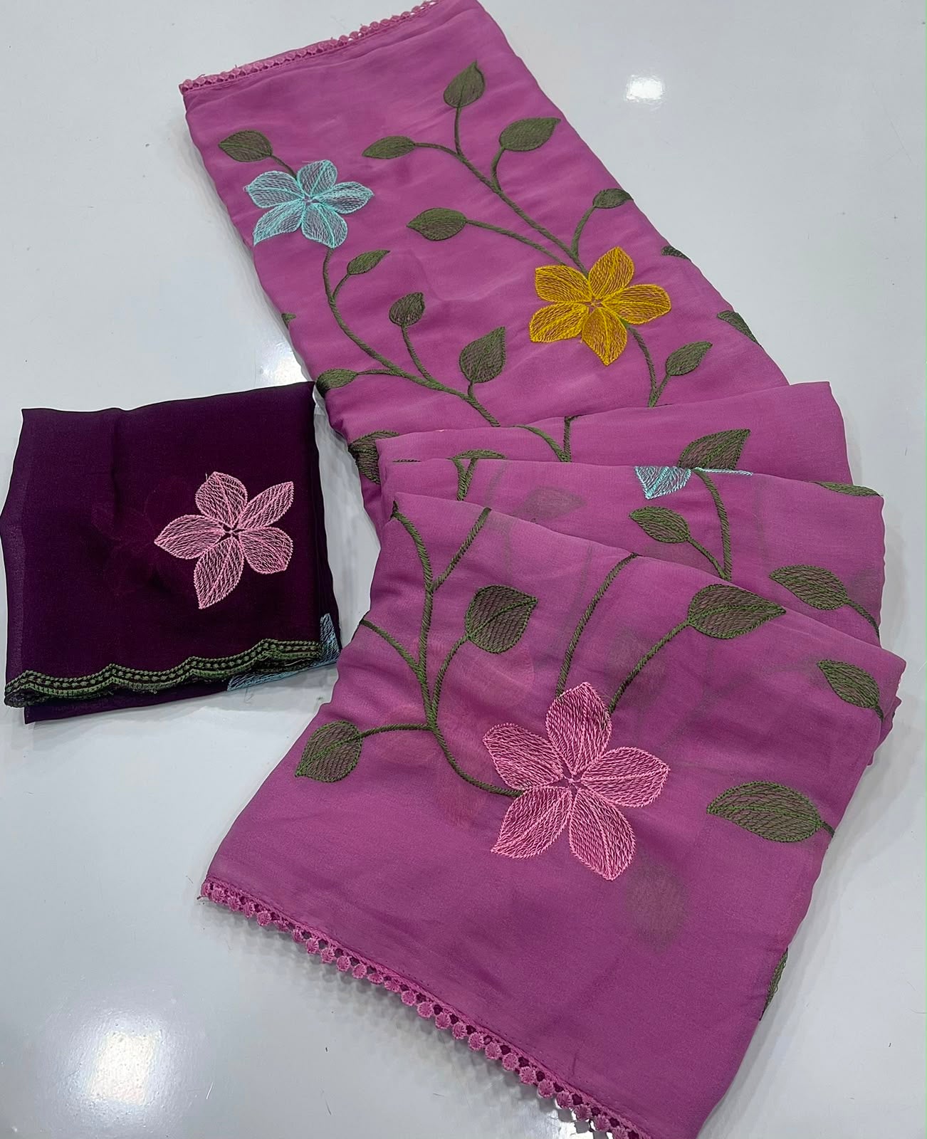 PINK STAR GORGETTE SAREE WITH EMBROIDERY WORK