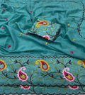 PETROL BLUE STAR GORGETTE SAREE WITH FLORAL EMBROIDERY WORK