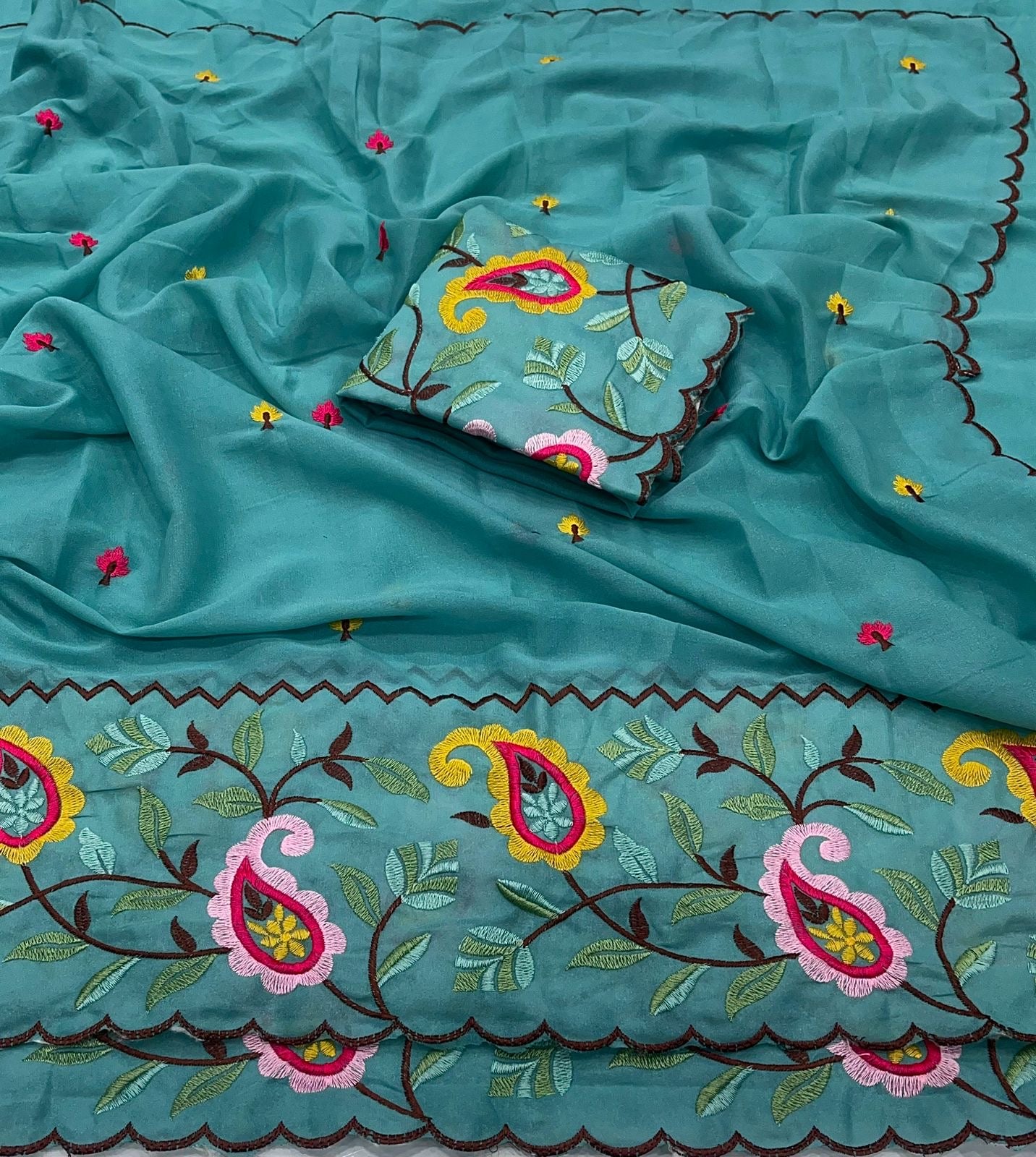 PETROL BLUE STAR GORGETTE SAREE WITH FLORAL EMBROIDERY WORK
