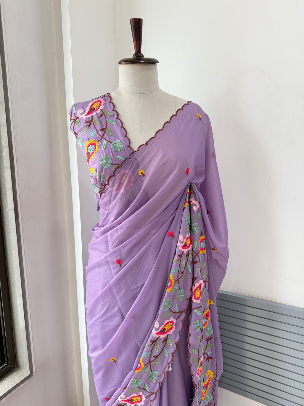 LAVENDER STAR GORGETTE SAREE WITH FLORAL EMBROIDERY WORK