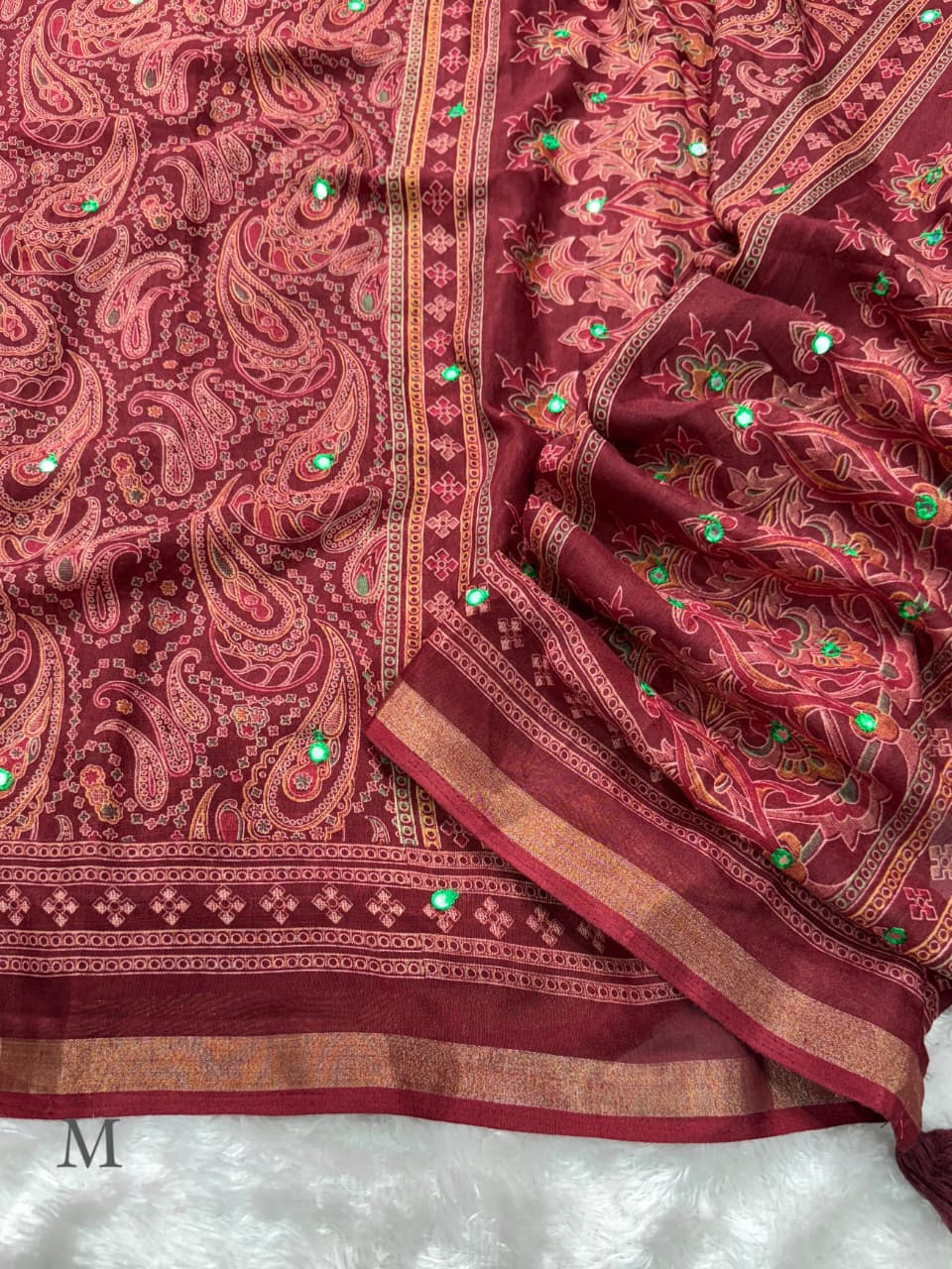 MARRON PURE MUL COTTON ARJRAKH PRINTED SAREE WITH ZARI JACQUARD BORDER