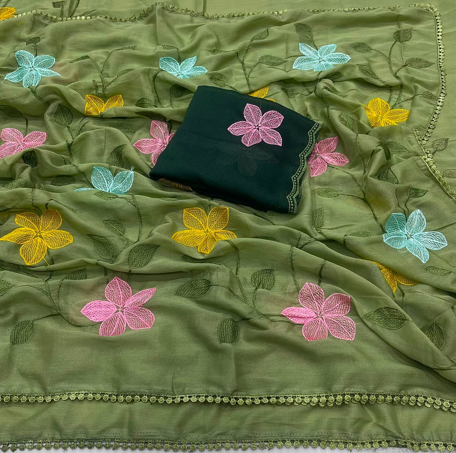 GREEN STAR GORGETTE SAREE WITH EMBROIDERY WORK