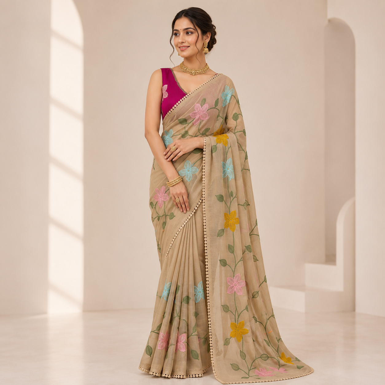 CREAM STAR GORGETTE SAREE WITH EMBROIDERY WORK