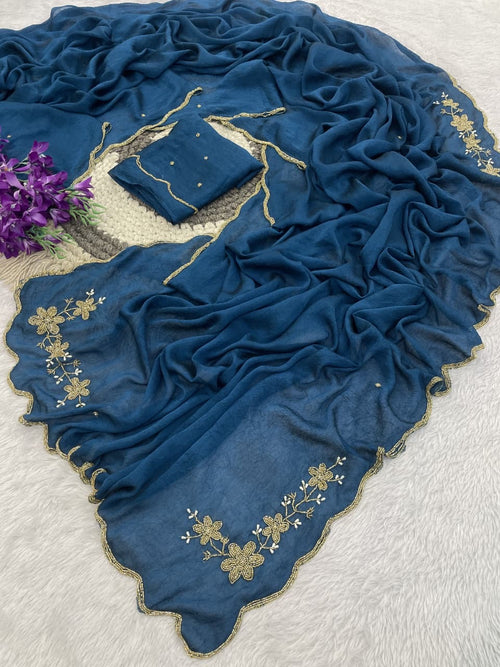 BLUE RANGOLI CRUSHED SAREE WITH CUTDANA WORK