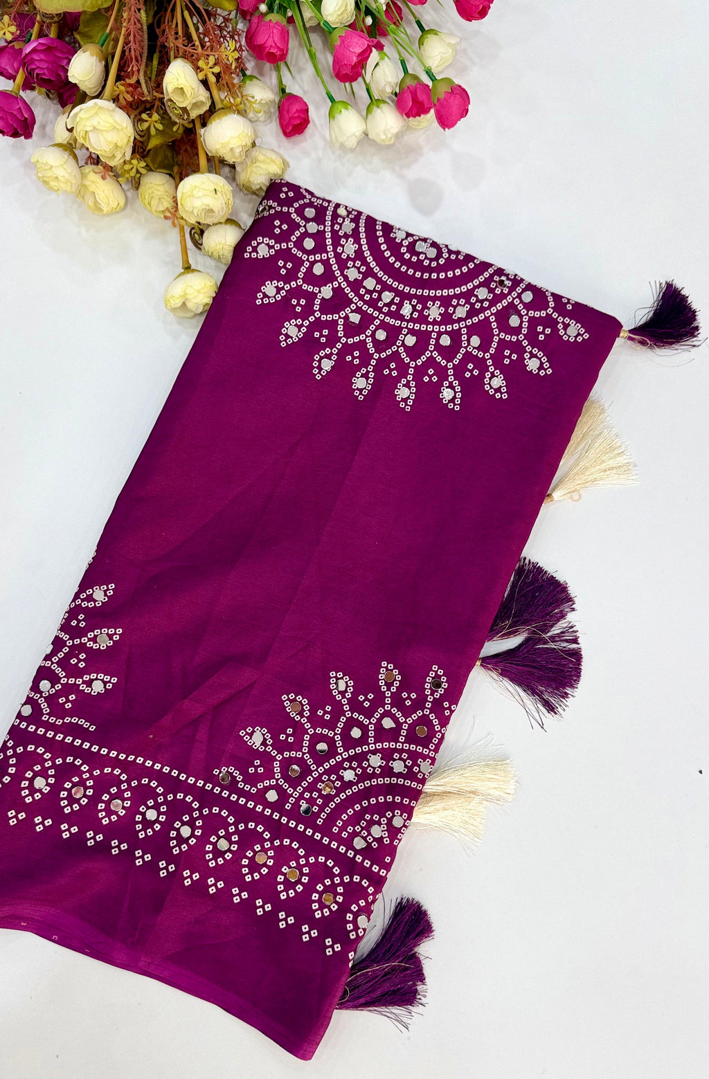 PURPLE AJRAKH BANDHANI PRINT MIRROR WORK SAREE