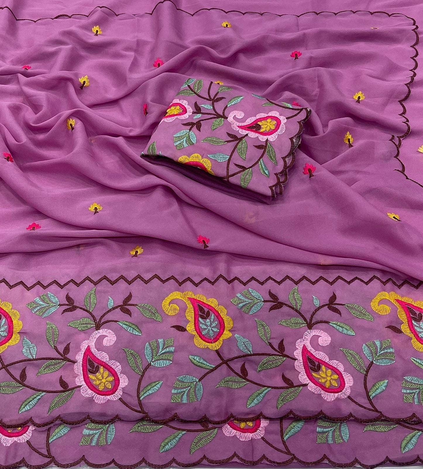 PINK STAR GORGETTE SAREE WITH FLORAL EMBROIDERY WORK