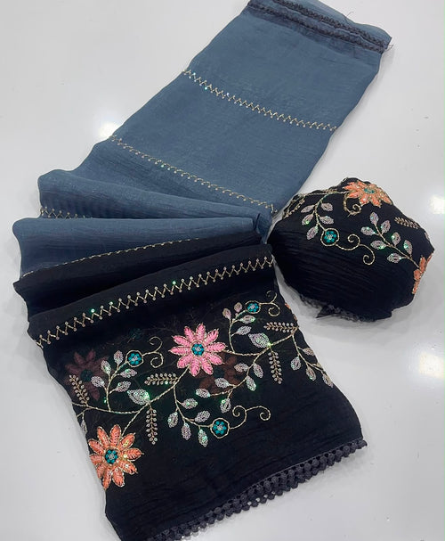 BLUE AND BLACK CRUNCHY PADDING SAREE WITH EMBROIDERY & SEQUENCE CUTDANA WORK