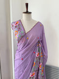 LAVENDER STAR GORGETTE SAREE WITH FLORAL EMBROIDERY WORK