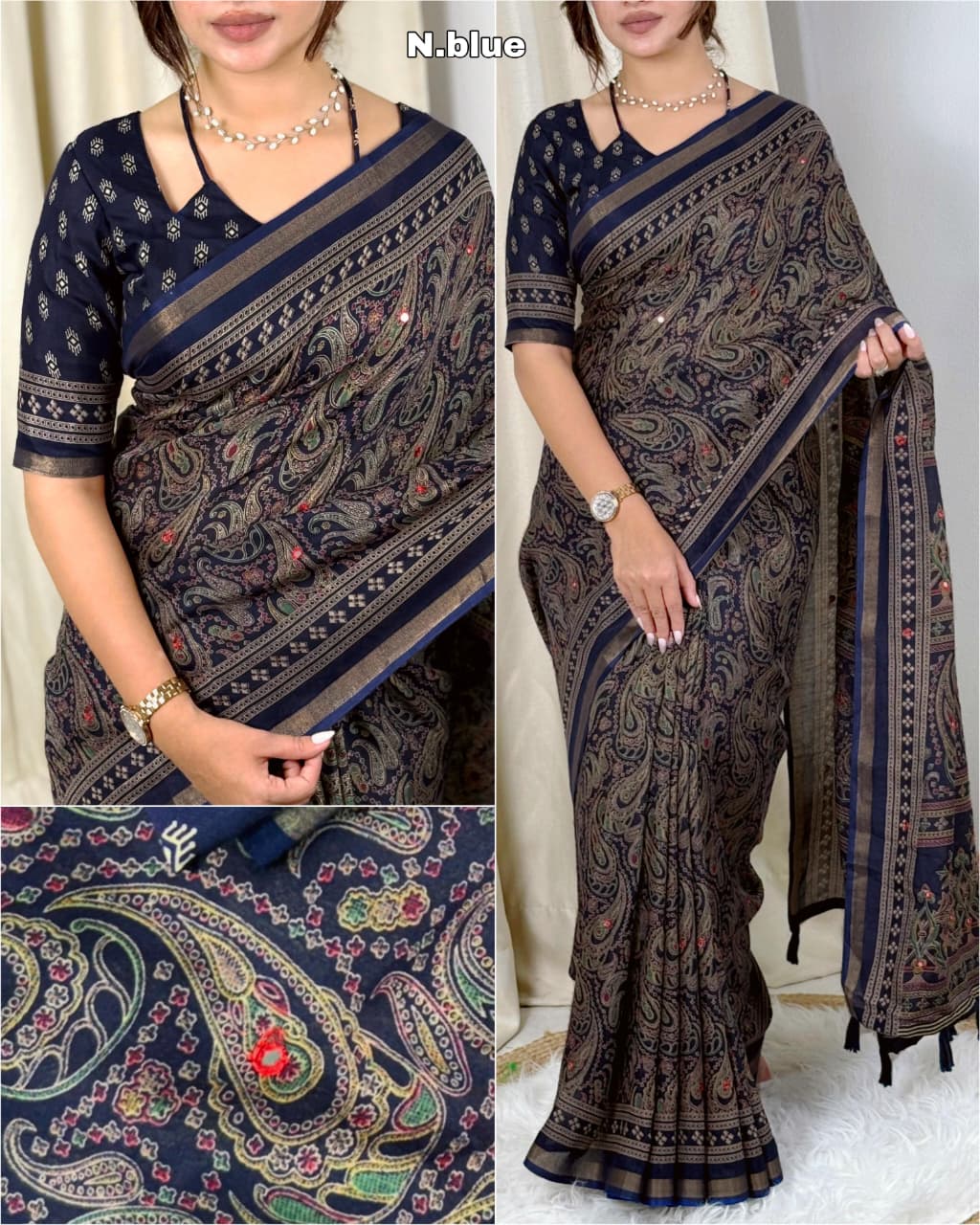 NAVY BLUE PURE MUL COTTON ARJRAKH PRINTED SAREE WITH ZARI JACQUARD BORDER