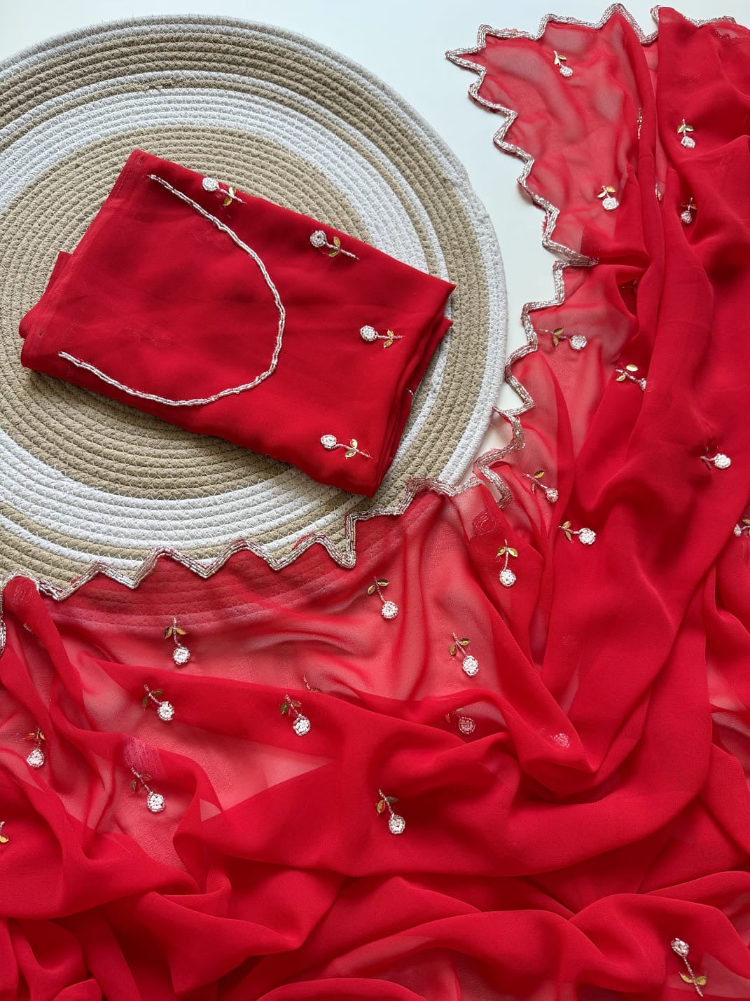 RED GEORGETTE SAREE WITH CUTDANA AND BUTTI WORK