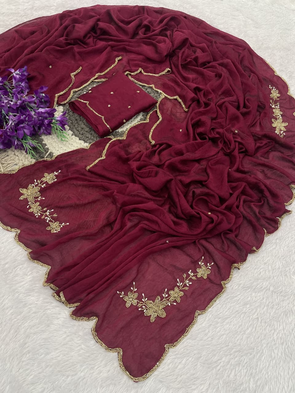 MAROON RANGOLI CRUSHED SAREE WITH CUTDANA WORK