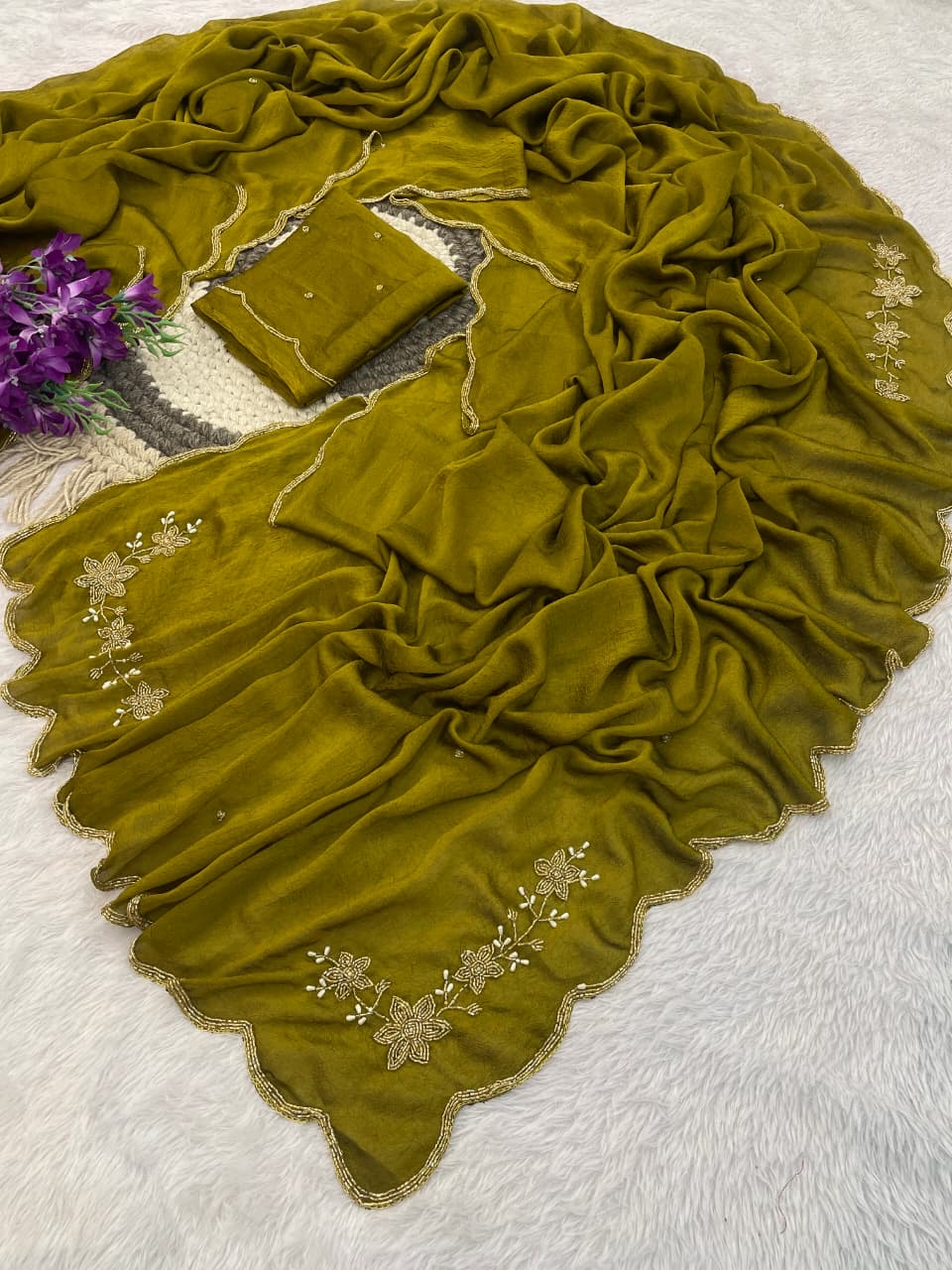 OLIVE GREEN RANGOLI CRUSHED SAREE WITH CUTDANA WORK