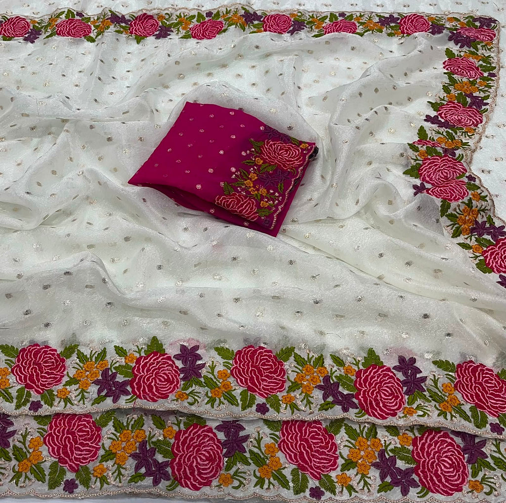 OFF-WHITE NC MOSS SILK SAREE WITH EMBROIDERY WORK