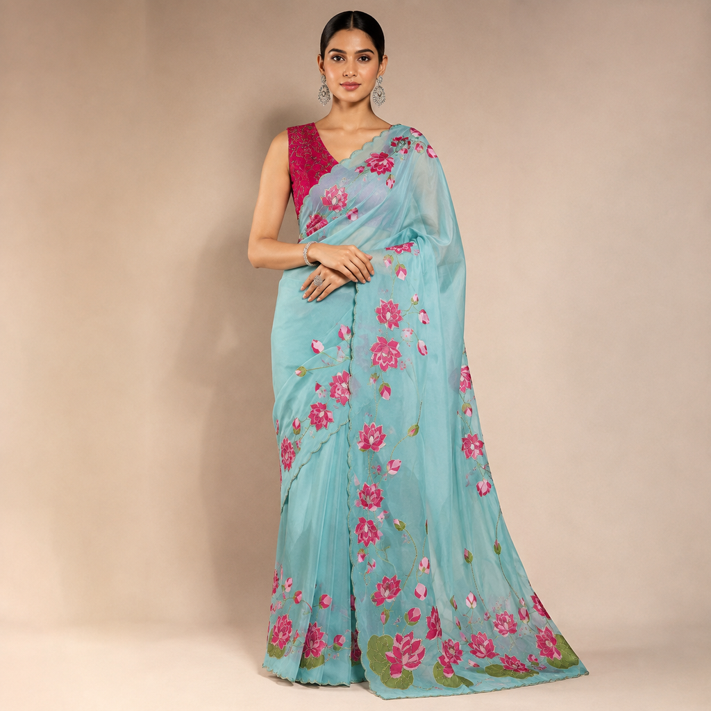 BLUE TEBBY SILK SAREE WITH DIGITAL FLORAL PRINT AND KUTDANA HANDWORK
