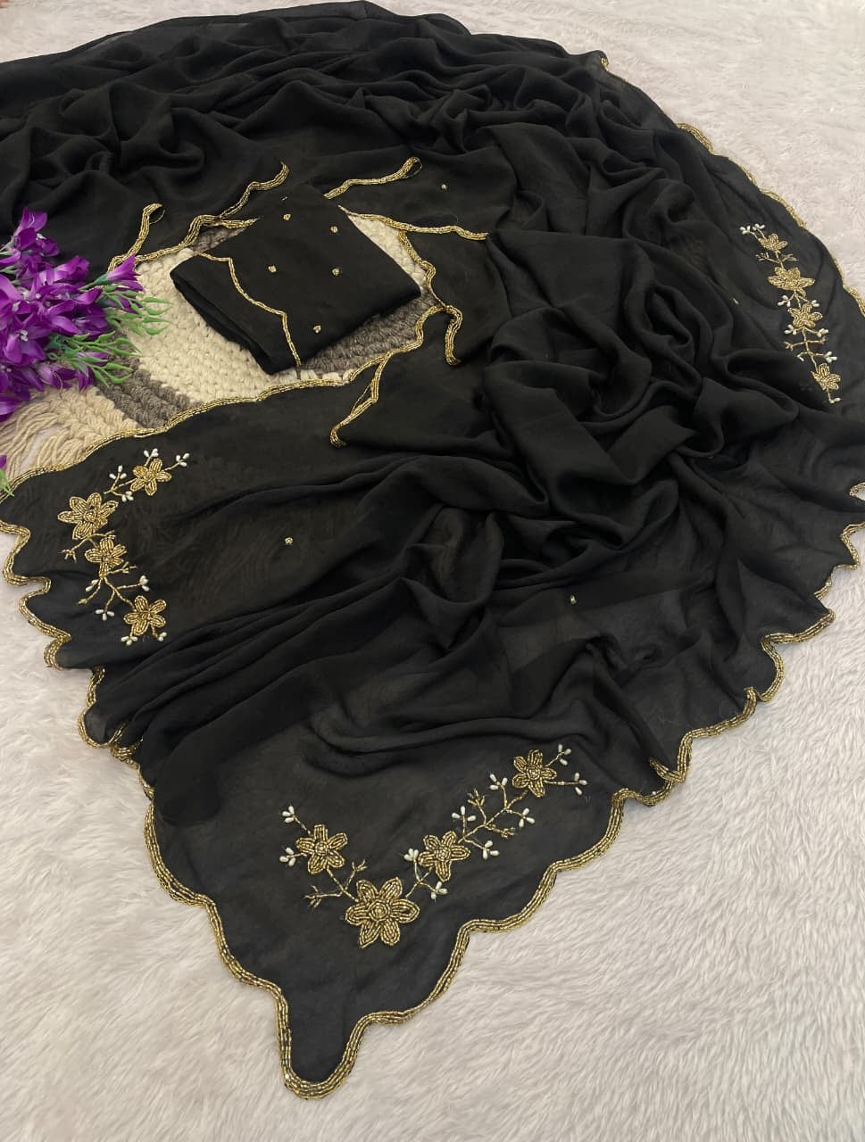 BLACK RANGOLI CRUSHED SAREE WITH CUTDANA WORK