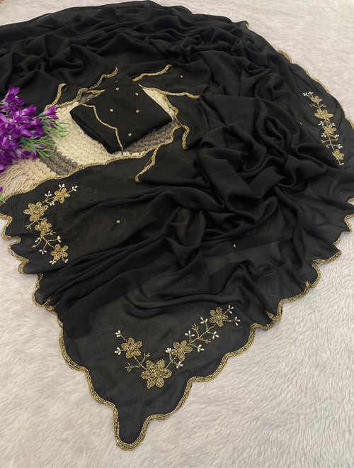 BLACK RANGOLI CRUSHED SAREE WITH CUTDANA WORK