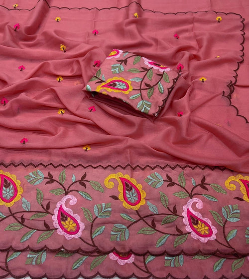 PEACH STAR GORGETTE SAREE WITH FLORAL EMBROIDERY WORK