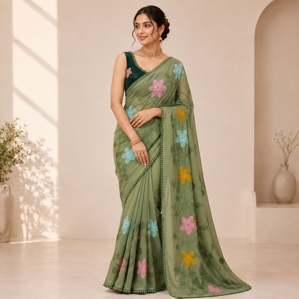 GREEN STAR GORGETTE SAREE WITH EMBROIDERY WORK