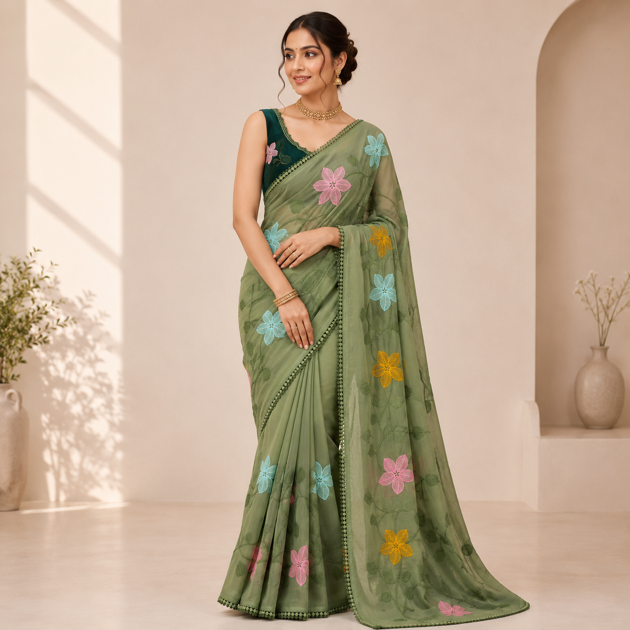 GREEN STAR GORGETTE SAREE WITH EMBROIDERY WORK