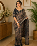 BLACK PURE MUL COTTON ARJRAKH PRINTED SAREE WITH ZARI JACQUARD BORDER