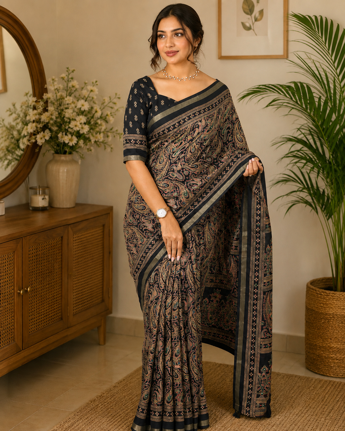 BLACK PURE MUL COTTON ARJRAKH PRINTED SAREE WITH ZARI JACQUARD BORDER