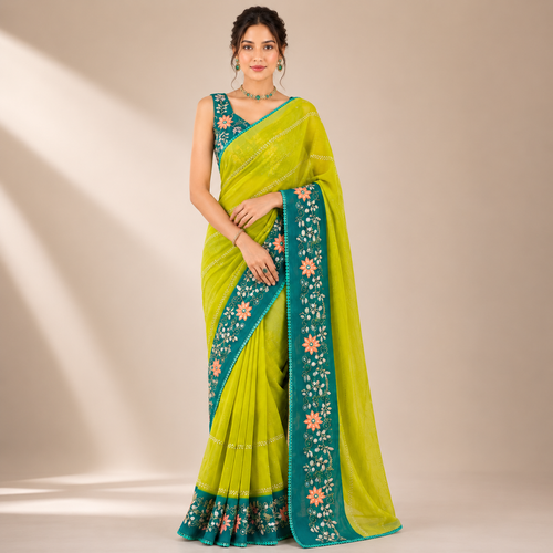 YELLOW AND GREEN CRUNCHY PADDING SAREE WITH EMBROIDERY & SEQUENCE CUTDANA WORK