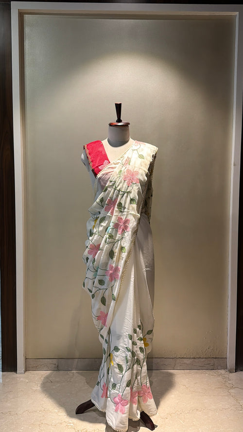 WHITE STAR GORGETTE SAREE WITH EMBROIDERY WORK