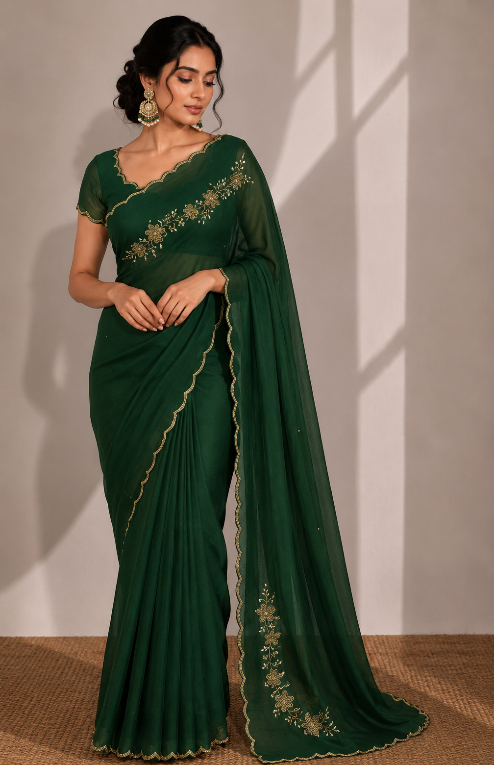 GREEN RANGOLI CRUSHED SAREE WITH CUTDANA WORK