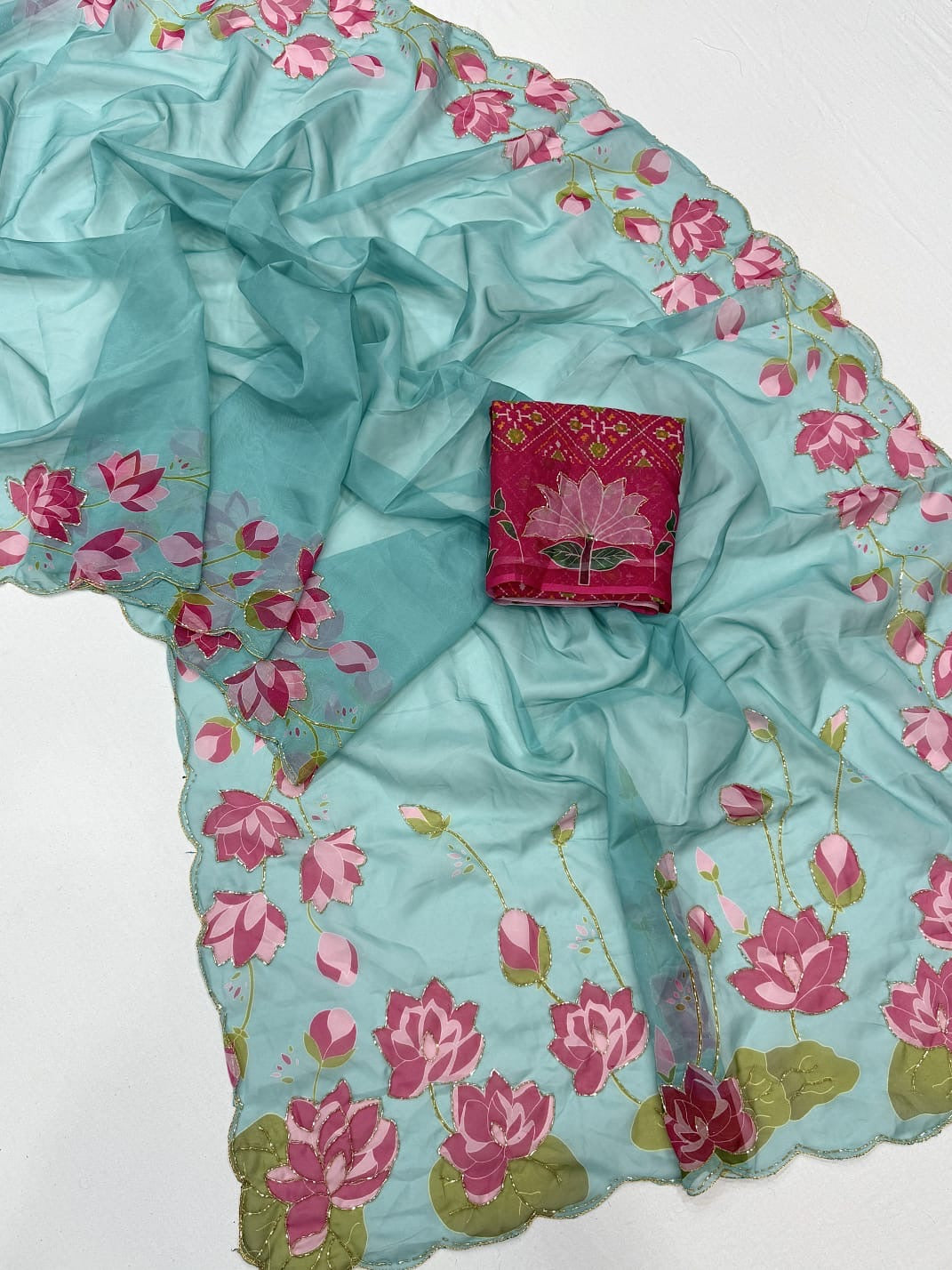 BLUE TEBBY SILK SAREE WITH DIGITAL FLORAL PRINT AND KUTDANA HANDWORK