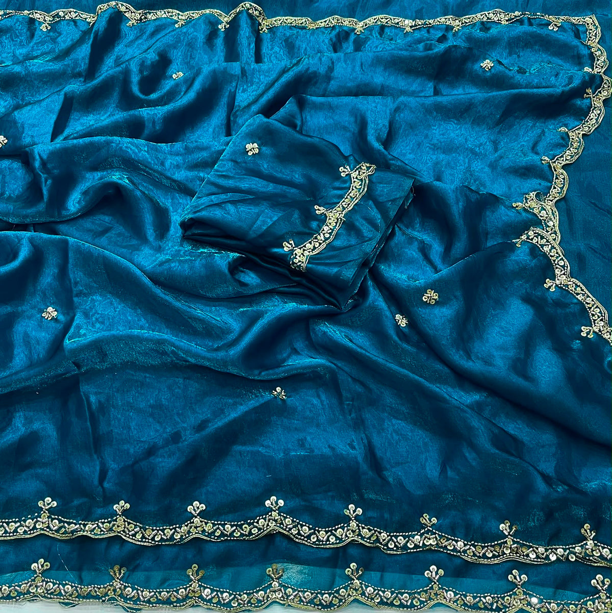 BLUE SPACE SILK SAREE WITH BEADS WORK