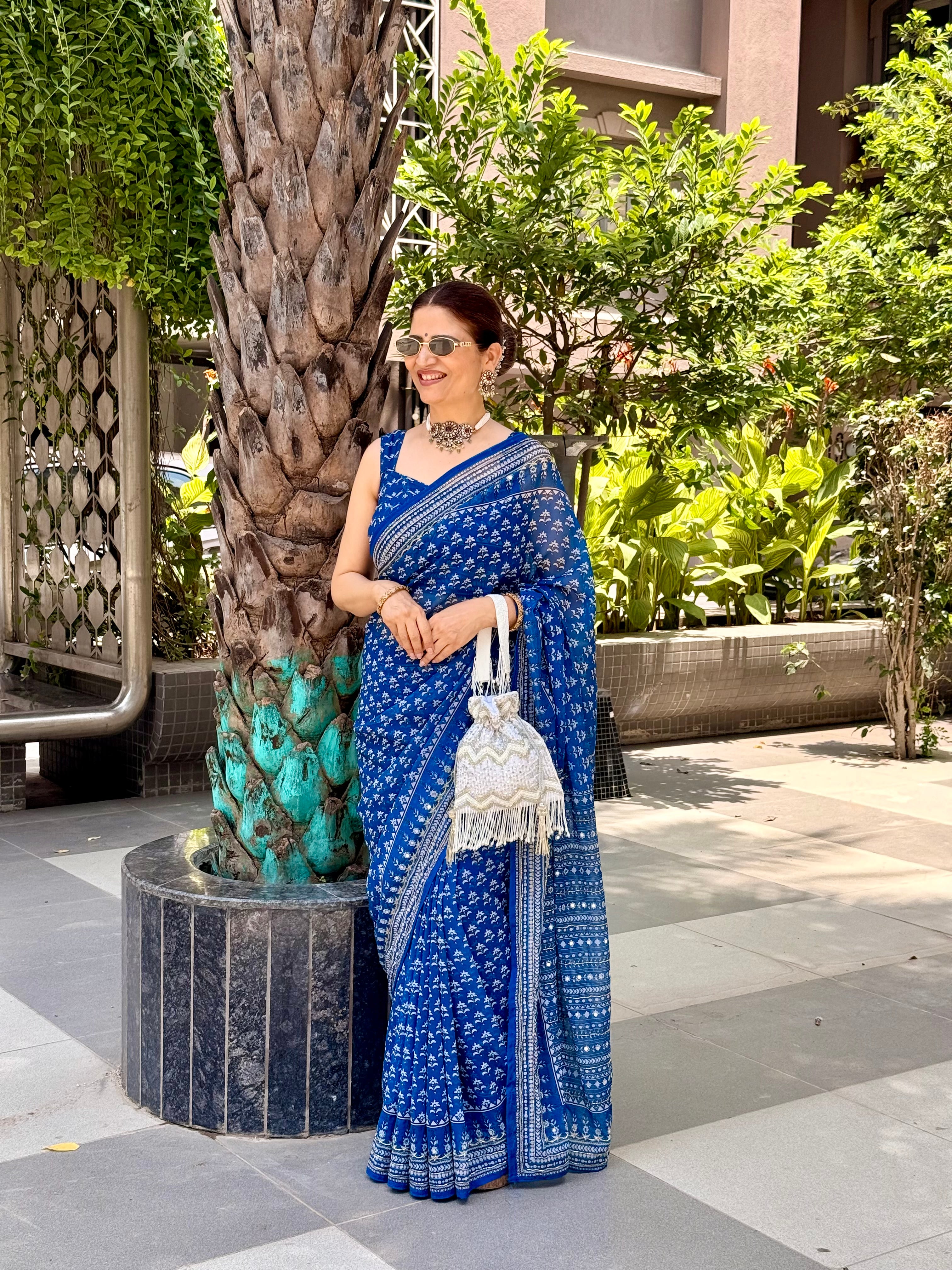 BLUE SOFT FOX GEORGETTE WITH REAL MIRROR AND HAND WORK