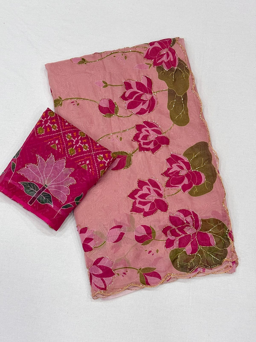 PINK TEBBY SILK SAREE WITH DIGITAL FLORAL PRINT AND KUTDANA HANDWORK