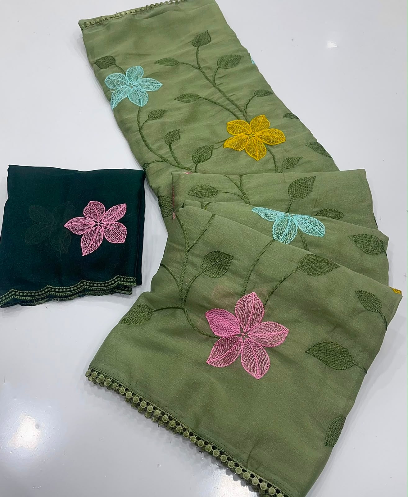 GREEN STAR GORGETTE SAREE WITH EMBROIDERY WORK