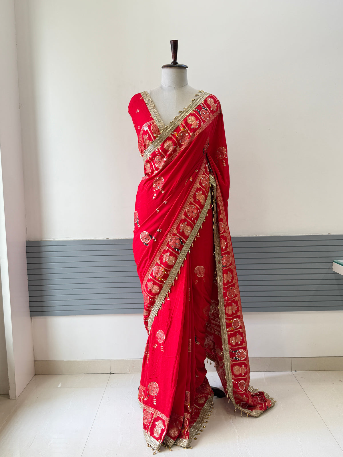 RED DOLA SILK SAREE WITH MOTI WORK AND LACE BORDER