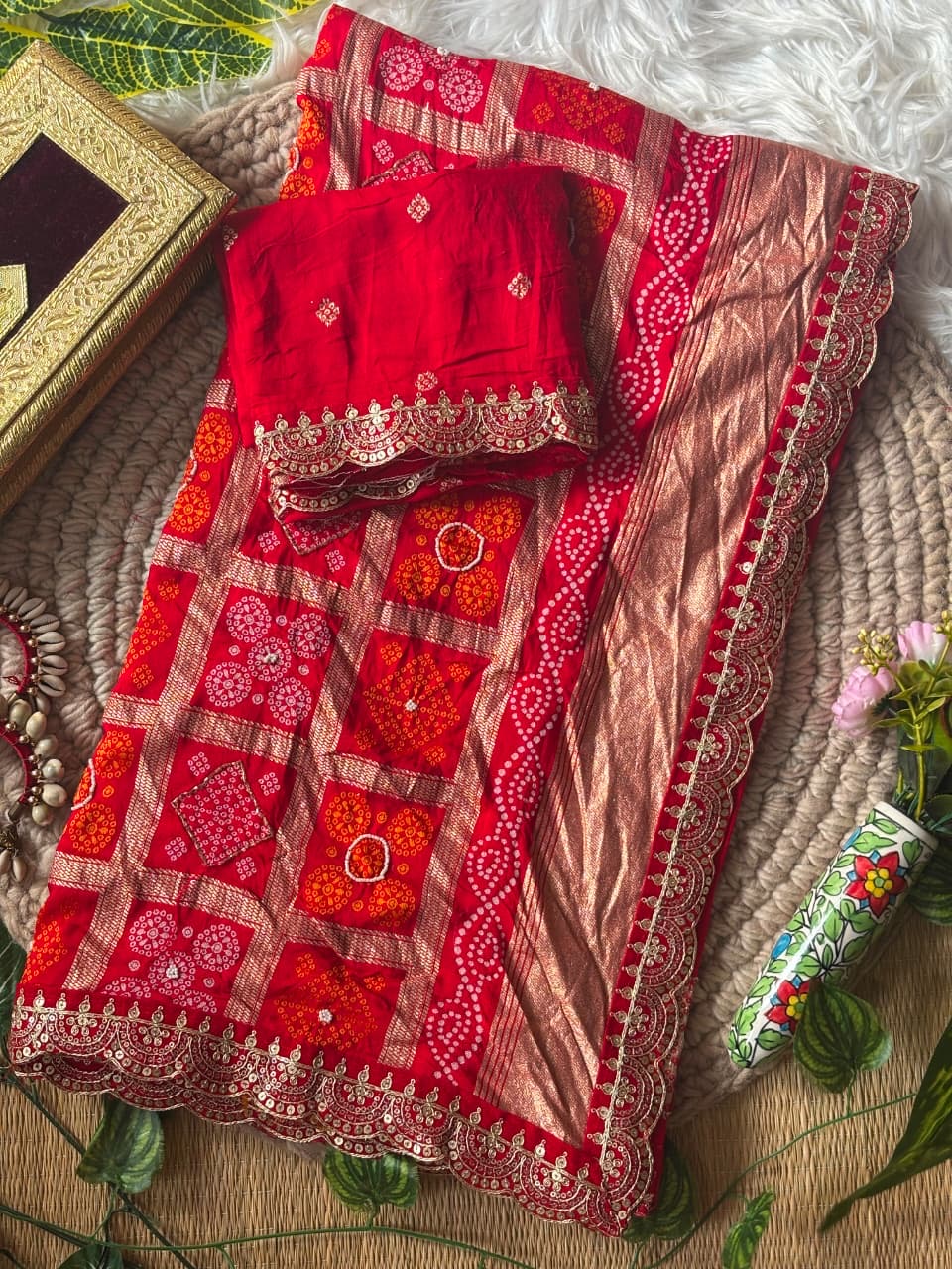 RED SOFT VISCOSE GEORGETTE SAREE WITH PATOLA PALLU WITH CUTDANA HANDWORK AND EMBROIDERY LACE BORDER