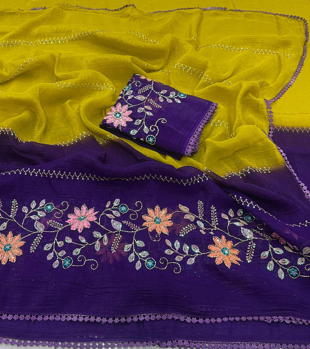 YELLOW AND PURPLE CRUNCHY PADDING SAREE WITH EMBROIDERY & SEQUENCE CUTDANA WORK