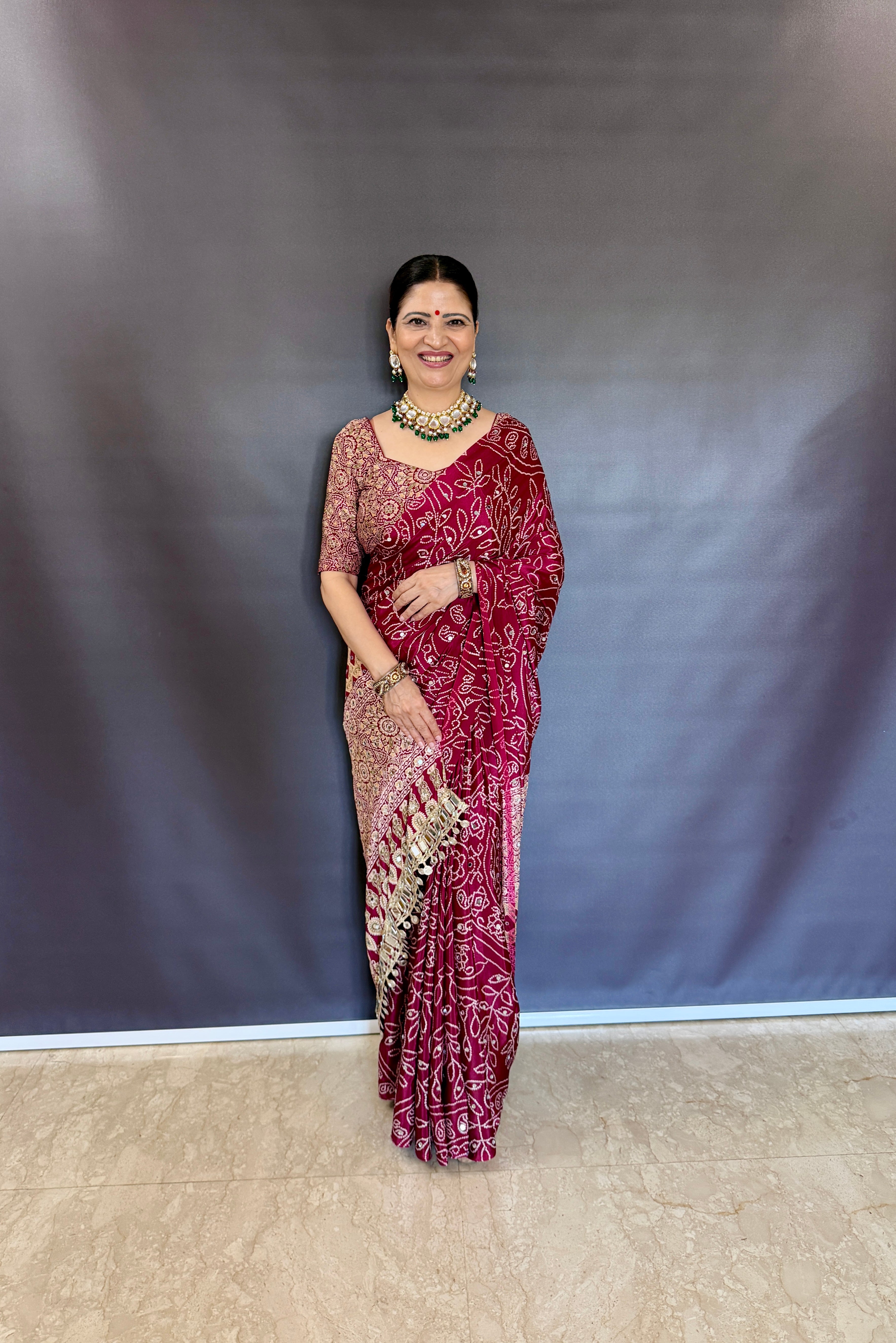 MARRON AJRAKH SILK SAREE WITH  MIRROR WORK ALL OVER SAREE WITH DESGINER MIRROR LACE AT PALLU